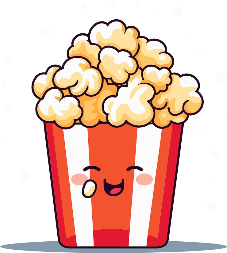 Vettore un disegno di cartone animato di un popcorn con una faccia su di esso