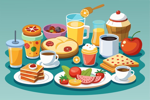 un disegno di cartone animato di una colazione con un vassoio di cibo e bevande
