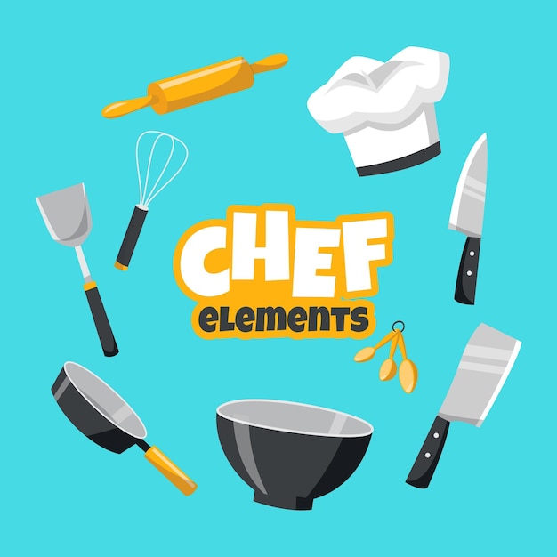 un disegno di cartone animato di una cucina di un chef con uno sfondo blu con un'immagine di un utensile da cucina