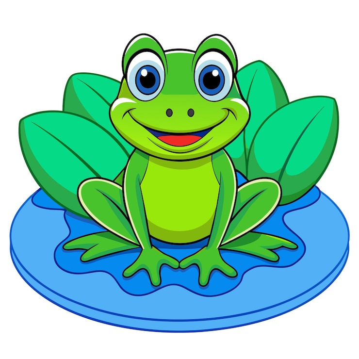 un disegno di cartone animato di una rana con una faccia verde e un cocomero blu acquatico