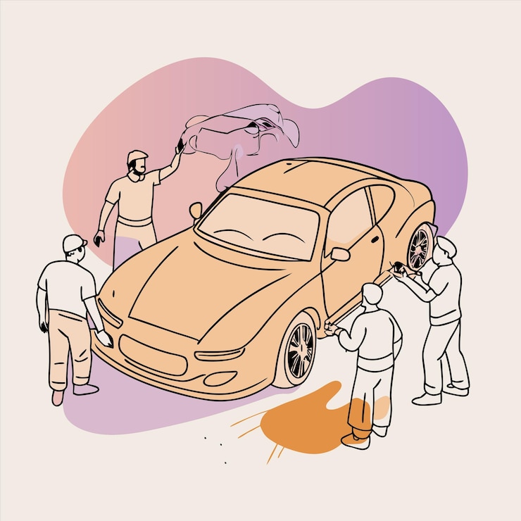 Vettore un disegno di persone che lavorano su una macchina che ha una macchina con una macchina su di essa
