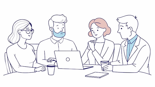 un disegno di persone sedute a un tavolo con un portatile e un uomo con la barba