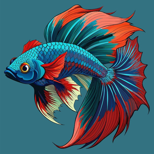 un disegno di pesce con una coda rossa e blu e una coda blu e rossa
