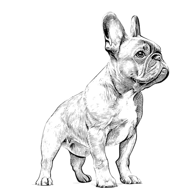 Un disegno di un bulldog francese con una faccia in bianco e nero.