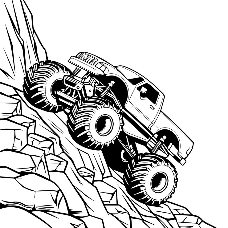 un disegno di un camion mostro con un'immagine in bianco e nero di un mostro