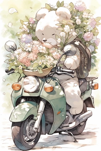 Un disegno di un cane bianco su una moto con fiori sul retro.