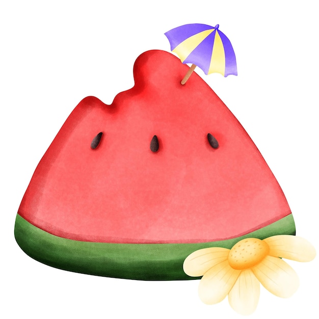 un disegno di un cocomero con un ombrello e un ombrellone su di esso