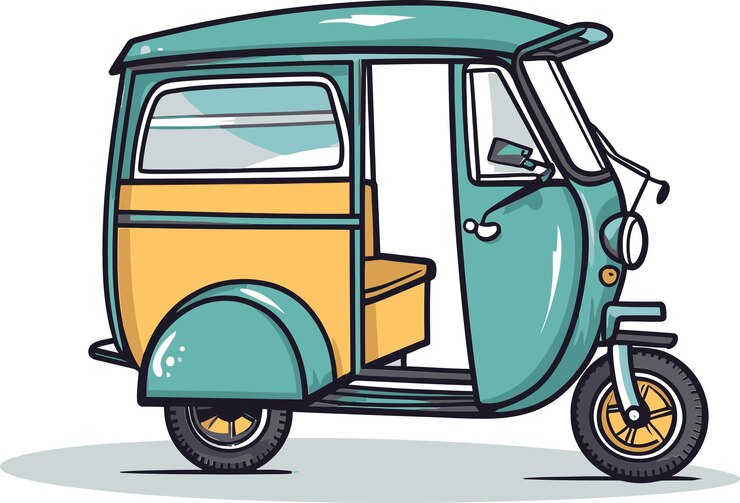 Vettore un disegno di un furgone blu e giallo con le parole scooter su di esso