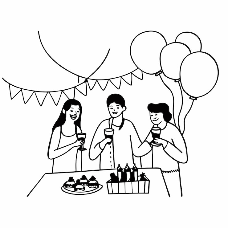 Vettore un disegno di un gruppo di persone a un tavolo con una torta e palloncini