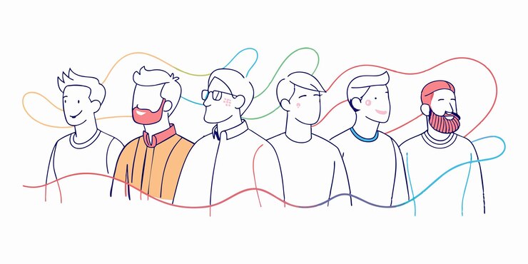 Vettore un disegno di un gruppo di persone in fila con le parole quello a destra