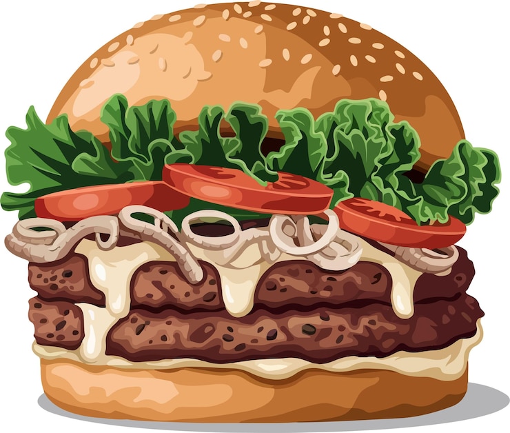 Vettore un disegno di un hamburger con carne e formaggio