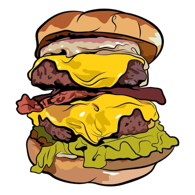 Un disegno di un hamburger con formaggio e lattuga