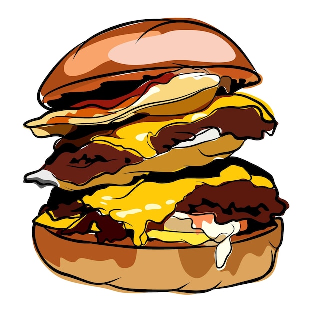 Un disegno di un hamburger con sopra formaggio e carne.