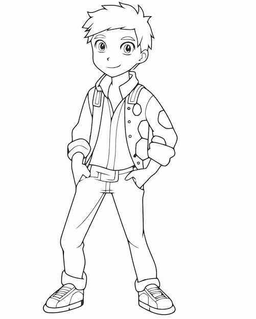 Un disegno di un ragazzo in giacca e pantaloni.