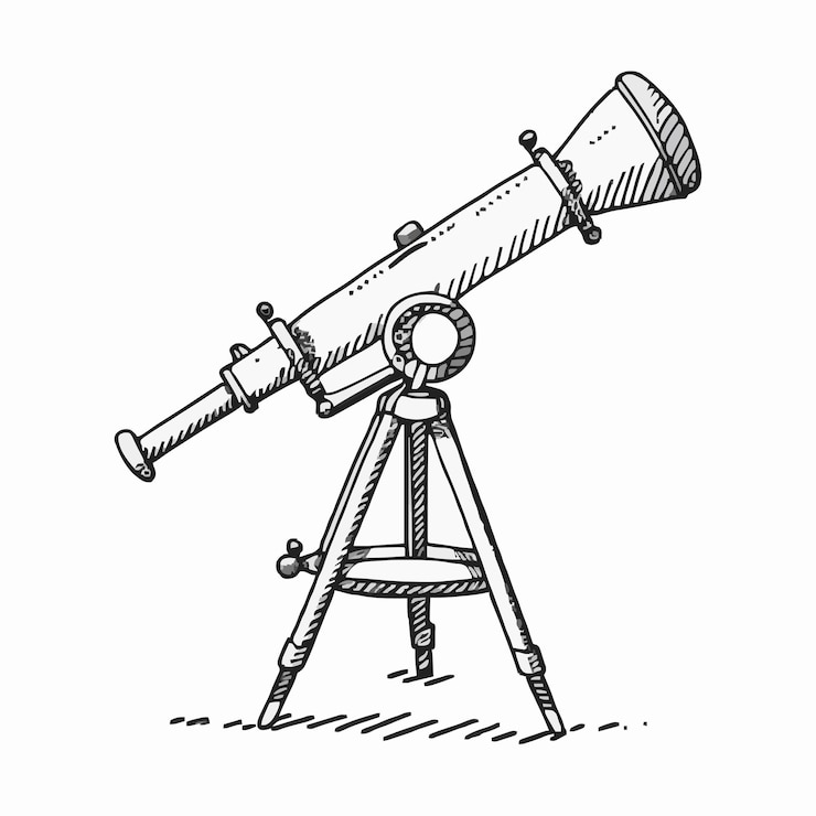 Vettore un disegno di un telescopio con un contorno nero e un disegnare di un telescopo