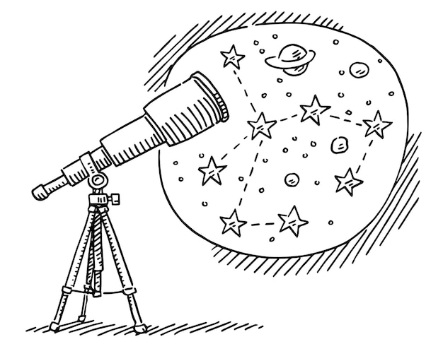 un disegno di un telescopio con un telescopio e stelle su di esso