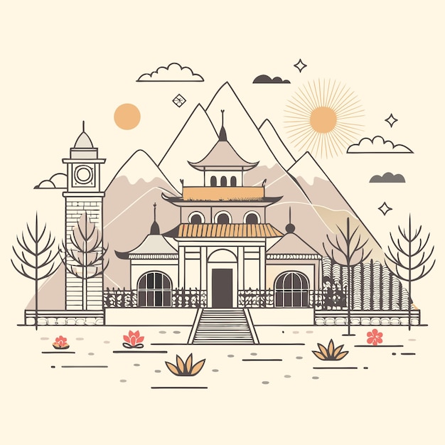 un disegno di un tempio con un sole e un orologio