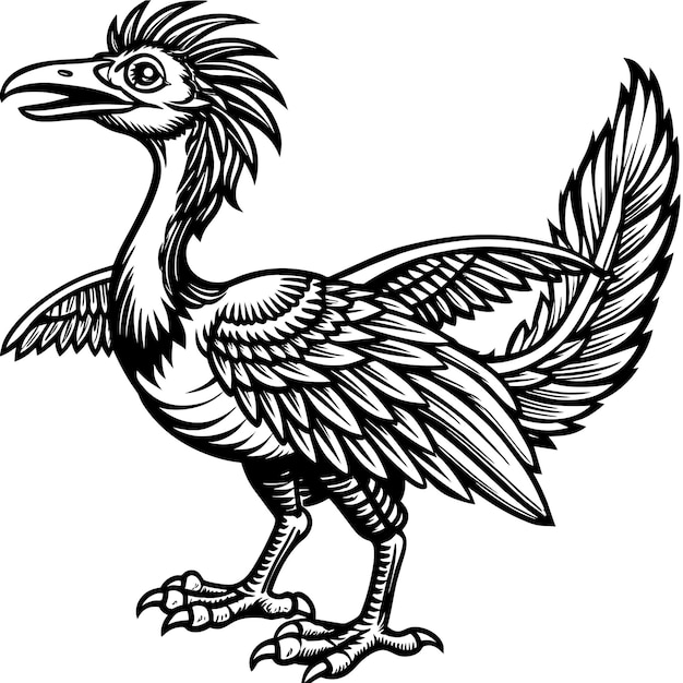 un disegno di un uccello con uno sfondo bianco e nero