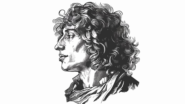 Vettore un disegno di un uomo con i capelli ricci e un collo