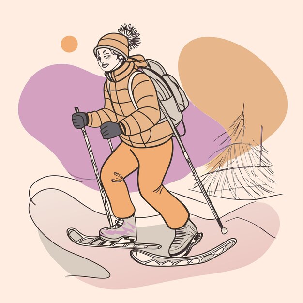 un disegno di un uomo su una snowboard con una montagna sullo sfondo