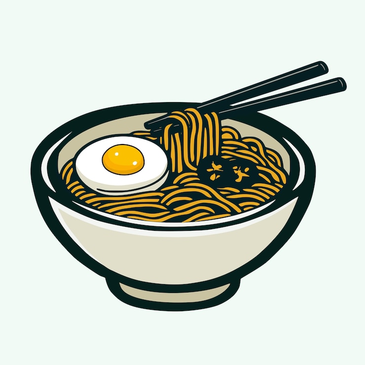 un disegno di una ciotola di noodles con uova