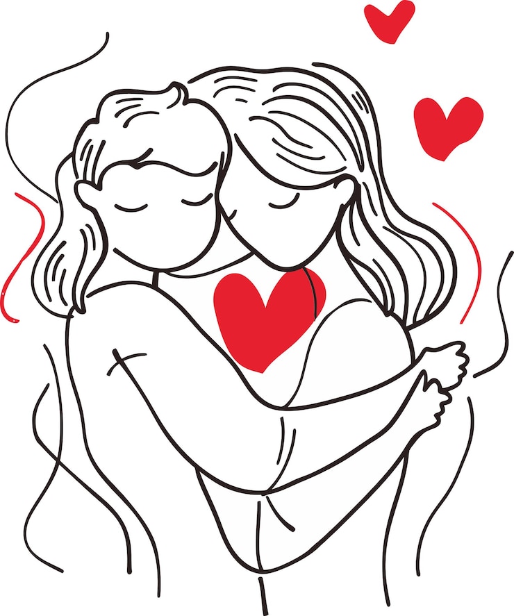 Vettore un disegno di una coppia che si abbraccia con un cuore sul petto