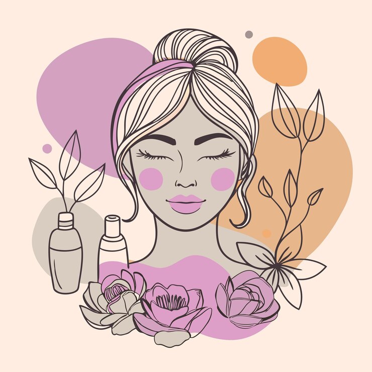 Vettore un disegno di una donna con fiori e un viso di donna