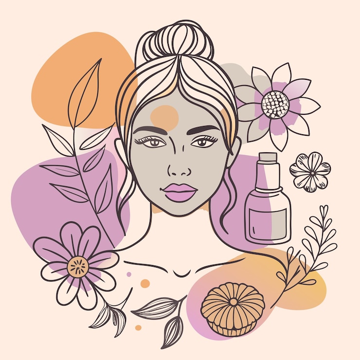 Vettore un disegno di una donna con fiori e una bottiglia di profumo