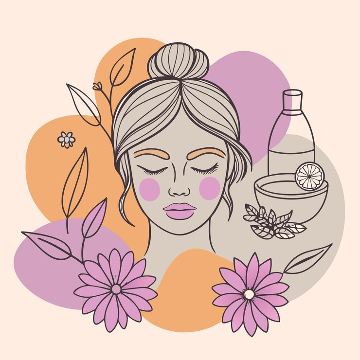 Vettore un disegno di una donna con fiori e una bottiglia di profumo