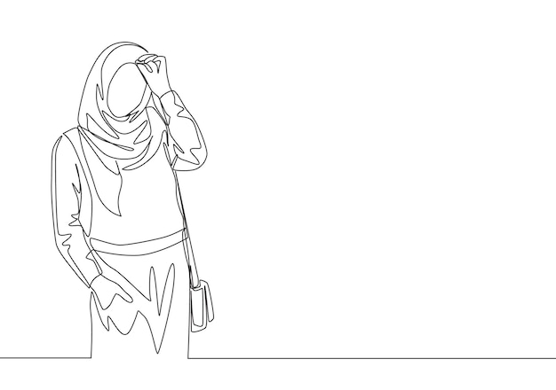 Un disegno di una linea di felice bellissimo modello muslimah mediorientale sulla tradizionale macchina fotografica islamica in tessuto