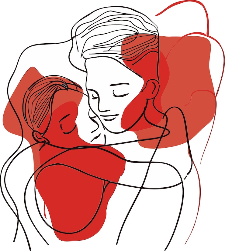 Vettore un disegno di una madre e un bambino con uno sfondo rosso