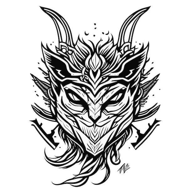 Un disegno di una maschera di drago con sopra la parola drago.