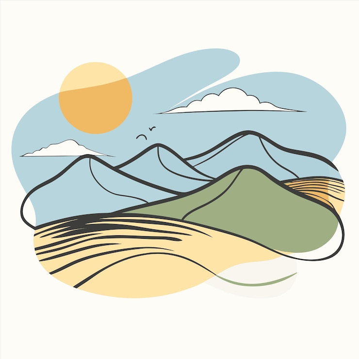 Vettore un disegno di una montagna con il sole dietro