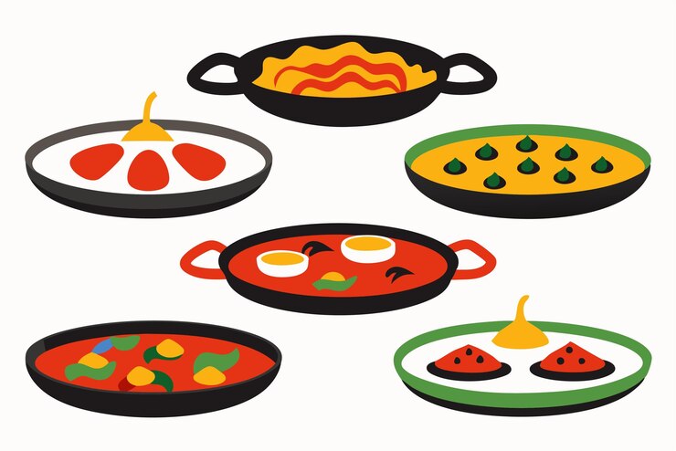Vettore un disegno di una padella con cibo di diversi colori su di essa