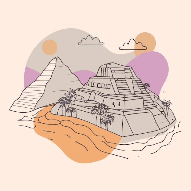 un disegno di una piramide con palme e montagne sullo sfondo