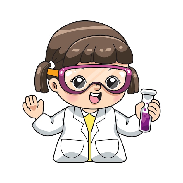 un disegno di una ragazza con gli occhiali che indossa un cappotto da laboratorio e tiene un tubo