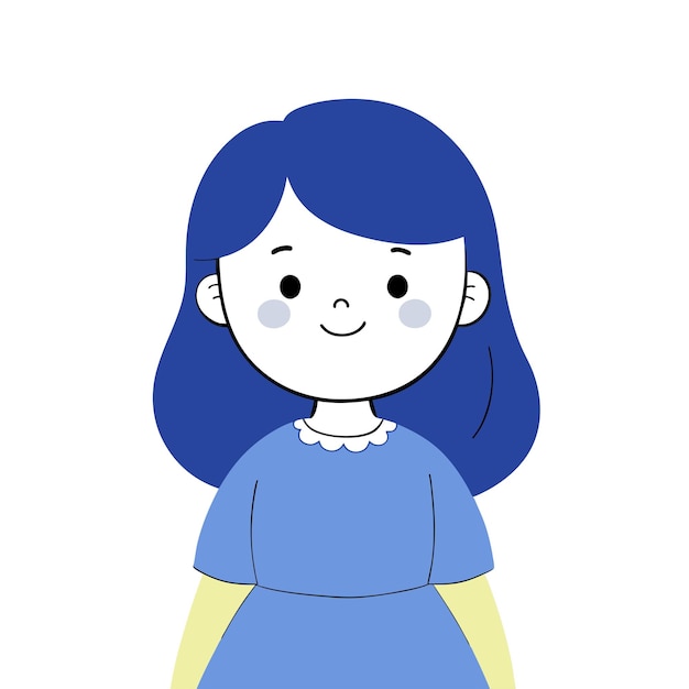 un disegno di una ragazza con i capelli blu e una camicia blu che dice la parola su di esso