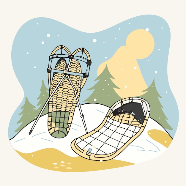un disegno di una slitta con una snowboard e uno snowboarder sullo sfondo