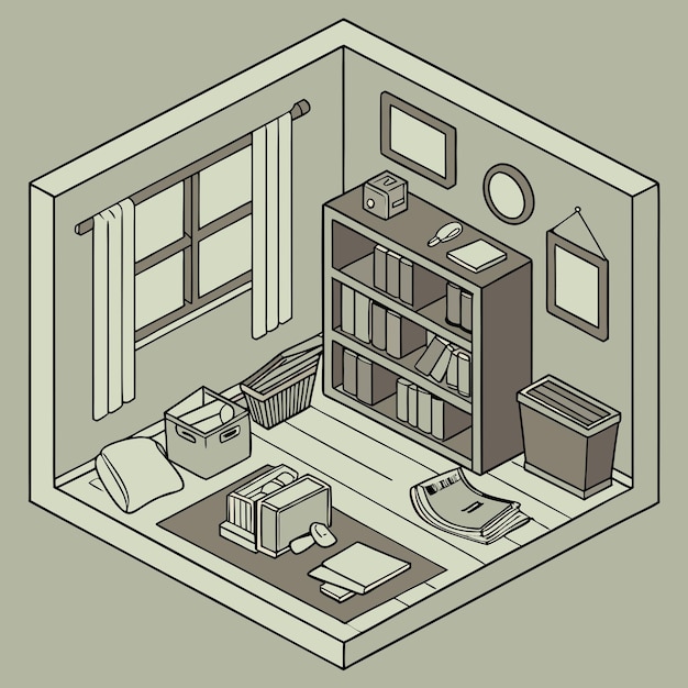 un disegno di una stanza con una libreria e una libreria