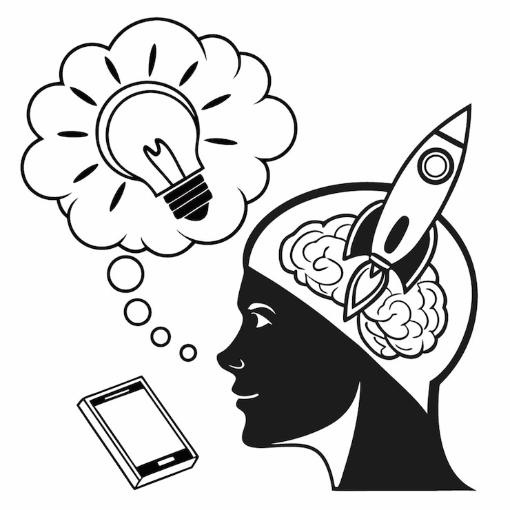 Vettore un disegno di una testa umana e una lampadina con un cervello su di essa