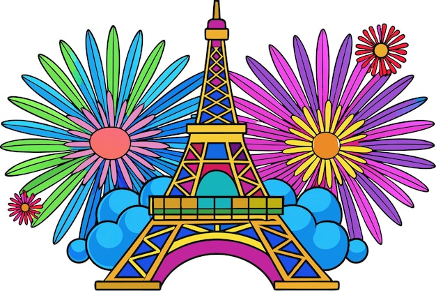 un disegno di una torre con fiori e la torre Eiffel