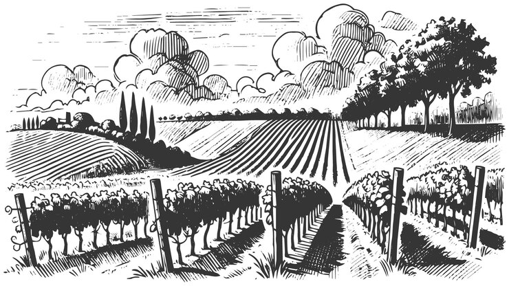 Vettore un disegno di una vigna con una recinzione e alberi sullo sfondo
