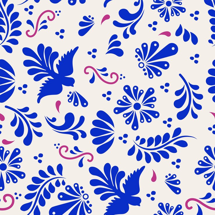 Vettore un disegno floreale blu e rosa con uccelli e fiori