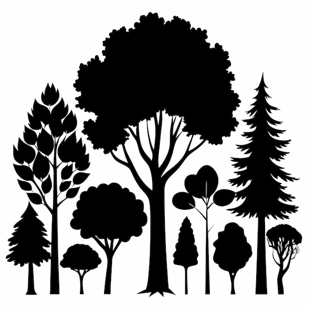un disegno in bianco e nero di alberi con uno sfondo nero
