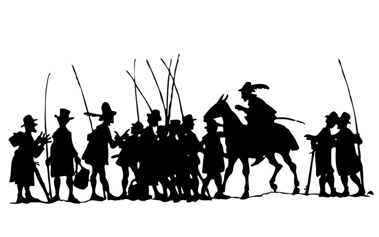 Vettore un disegno in bianco e nero di silhouette un cavaliere su un cavallo con una spada in mano
