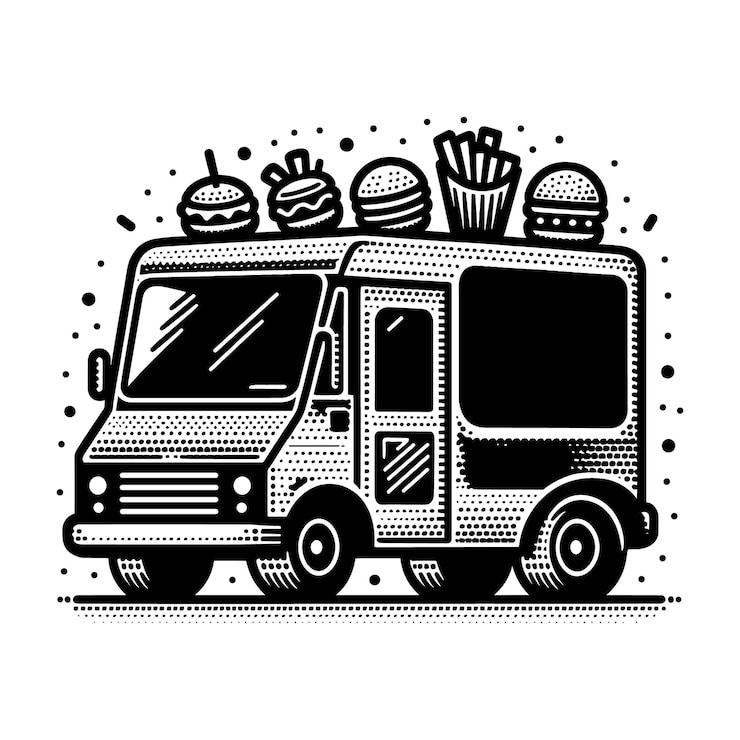 Vettore un disegno in bianco e nero di un camion di cibo con un hamburger in cima