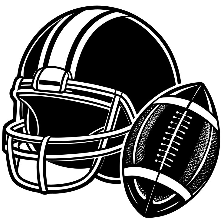 Vettore un disegno in bianco e nero di un casco da calcio con un calcio al centro