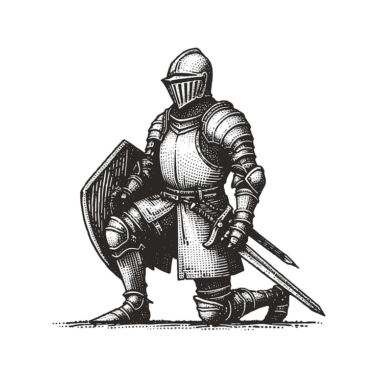 Vettore un disegno in bianco e nero di un cavaliere con una spada