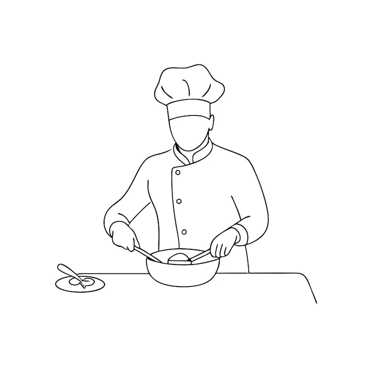 Vettore un disegno in bianco e nero di un chef che cucina in una padella