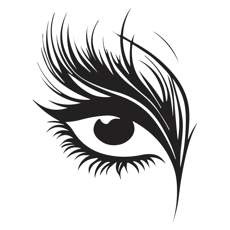 Vettore un disegno in bianco e nero di un occhio con lunghe ciglia e la parola "occhio" sul lato sinistro.